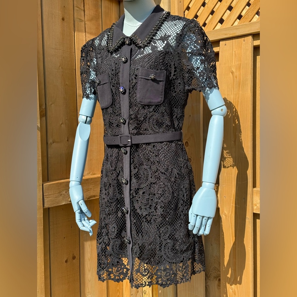 🆕 SELF PORTRAIT 🧿 NWOT Black Lace Button Front Mini Dress, Sz UK 14 US 10 - Picture 6 of 17